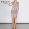 Wrap Sequin Metallic Party Long Sleeves Evening Dresses 2018 Women